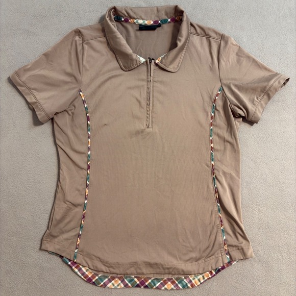 Lascaux Equestrian Women Performance Polo Shirt Short Sleeve Beige Plaid Trim L - Picture 1 of 6